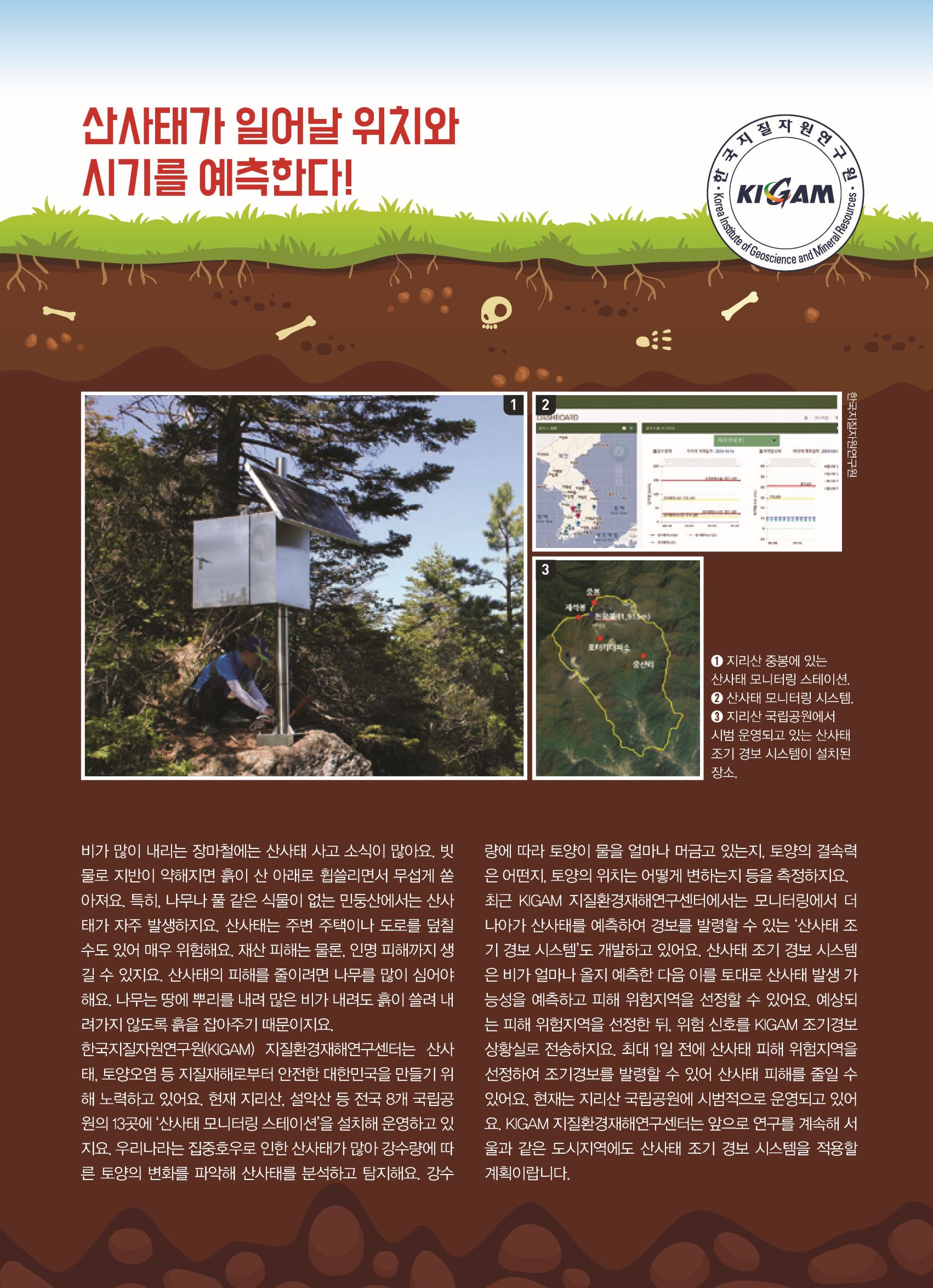 산사태가 일어날 위치와 시기를 예측한다! KIGAM 한국지질자원연구원  Korea Institute of Geoscience and Mineral Resources 사진1 사진2 사진3 한국지질자원연구원 1.지리산 중봉에 있는 산사태 모니터링 스테이션. 2.산사태 모니터링 시스템. 3.지리산 국립공원에서 시범 운영되고 있는 산사태 조기 경보 시스템이 설치된 장소. 비가 많이 내리는 장마철에는 산사태 사고 소식이 많아요. 빗물로 지반이 약해지면 흙이 산 아래로 휩쓸리면서 무섭게 쏟아져요. 특히, 나무나 풀 같은 식물이 없는 민둥산에서는 산사태가 자주 발생하지요. 산사태는 주변 주택이나 도로를 덮칠수도 있어 매우 위험해요. 재산 피해는 물론, 인명 피해까지 생길 수 있지요. 산사태의 피해를 줄이려면 나무를 많이 심어야해요. 나무는 땅에 뿌리를 내려 많은 비가 내려도 흙이 쓸려 내려가지 않도록 흙을 잡아주기 때문이지요. 한국지질자원연구원(KIGAM) 지질환경재해연구센터는 산사태, 토양오염 등 지질재해로부터 안전한 대한민국을 만들기 위해 노력하고 있어요. 현재 지리산, 설악산 등 전국 8개 국립공원의 13곳에 '산사태 모니터링 스테이션'을 설치해 운영하고 있지요. 우리나라는 집중호우로 인한 산사태가 많아 강수량에 따른 토양의 변화를 파악해 산사태를 분석하고 탐지해요. 강수량에 따라 토양이 물을 얼마나 머금고 있는지, 토양의 결속력은 어떤지, 토양의 위치는 어떻게 변하는지 등을 측정하지요. 최근 KIGAM 지질환경재해연구센터에서는 모니터링에서 더 나아가 산사태를 예측하여 경보를 발령할 수 있는 '산사태 조기 경보 시스템'도 개발하고 있어요. 산사태 조기 경보 시스템은 비가 얼마나 올지 예측한 다음 이를 토대로 산사태 발생 가능성을 예측하고 피해 위험지역을 선정할 수 있어요. 예상되는 피해 위첨지역을 선정한 뒤, 위험 신호를 KIGAM 조기경보 상황실로 전송하지요. 최대 1일 전에 산사태 피해 위험지역을 선정하여 조기경보를 발령할 수 있어 산사태 피해를 줄일 수 있어요. 현재는 지리산 국립공원에 시범적으로 운영되고 있어요. KIGAM 지질환경재해연구센터는 앞으로 연구를 계속해 서울과 같은 도시지역에도 산사태 조기 경보 시스템을 적용할 계획이랍니다.