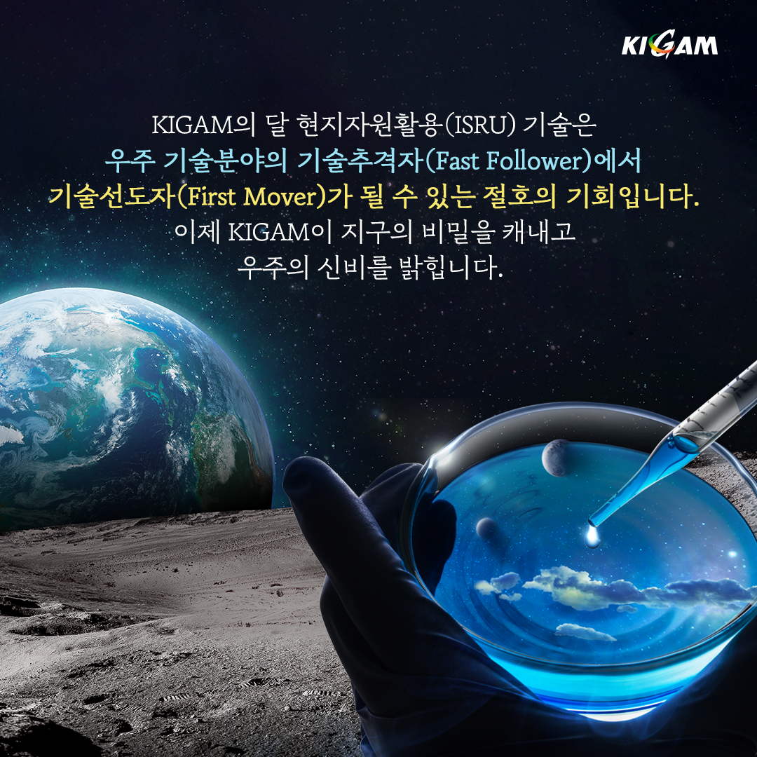 KIGAM의 달 현지자원활용(ISRU) 기술은
KIGAM
우주 기술분야의 기술추격자(Fast Follower)에서
기술선도자(First Mover)가 될 수 있는 절호의 기회입니다.
이제 KIGAM이 지구의 비밀을 캐내고
우주의 신비를 밝힙니다.