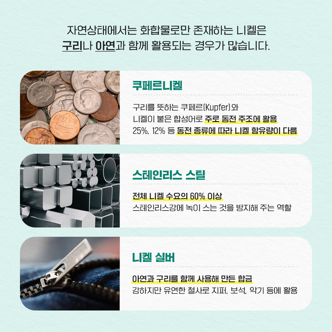 자연상태에서는 화합물로만 존재하는 니켈은
구리나 아연과 함께 활용되는 경우가 많습니다.
쿠페르니켈
구리를 뜻하는 쿠페르(Kupfer〕와
니켈이 붙은 합성어로 주로 동전주조에 활용 25%, 12% 등 동전 종류에 따라 니켈 함유량이 다름
스테인리스 스틸
전체 니켈 수요의 60% 이상
스테인리스강에 녹이 스는 것을 방지해 주는 역할
니켈 실버
아연과 구리를 함께 사용해 만든 합금
강하지만 유연한 철사로 지퍼, 보석, 악기 등에 활용