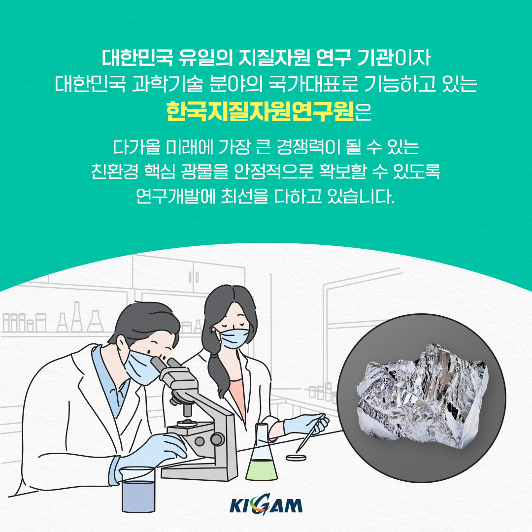 대한민국 유일의 지질자원 연구기관이자
대한민국 과학기술 분야의 국가대표로 기능하고 있는
한국지질자원연구원은
다가올 미래에 가장 큰 경쟁력이 될 수 있는
친환경 핵심 광물을 안정적으로 확보할 수 있도록 연구개발에 최선을 다하고 있습니다.
KIGAM