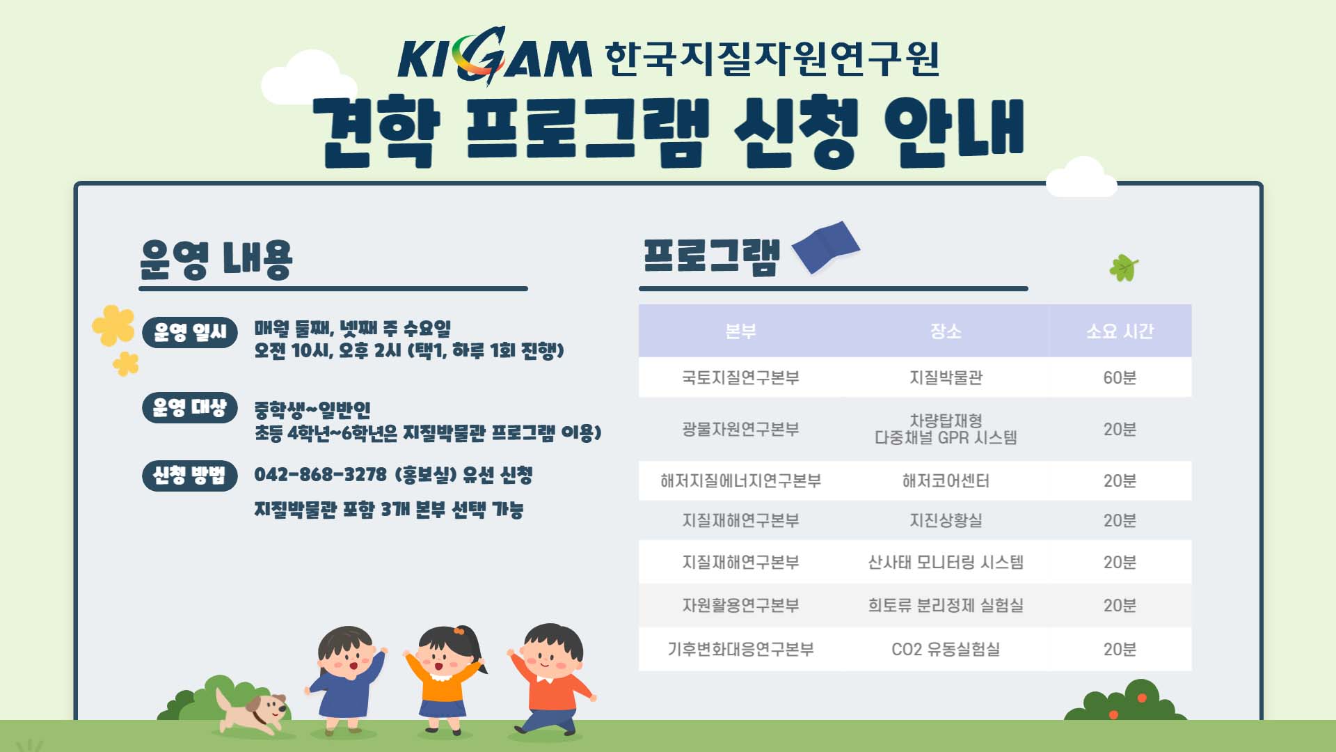KIGAM 한국지질자원연구원 견학 프로그램 신청 안내 운영 내용 운영일시 매월 둘째, 넷째 주 수요일 오전 10시, 오후 2시(택1, 하루 1회 진행) 운영대상 중학생 ~ 일반인 초등 4학년 ~ 6학년은 지질박물관 프로그램 이용) 신청 방법 042-868-3278(홍보실) 유선 신청 지질박물관 포함 3개 본부 선택 가능 프로그램 본부, 장소, 소요 시간 - 국토지질연구본부, 지질박물관, 60분 - 광물자원연구본부, 차량탑재형 다중채널 GPR 시스템 20분, 20분 - 해저지질에너지연구본부, 해저코어센터, 20분 - 지질재해연구본부, 지진상황실, 20분 - 지질재해연구본부, 산사태 모니터링 시스템, 20분 - 자원활용연구본부, 희토류 분리정제 실험실, 20분 - 기후변화대응연구본부, CO2 유동실험실 20분