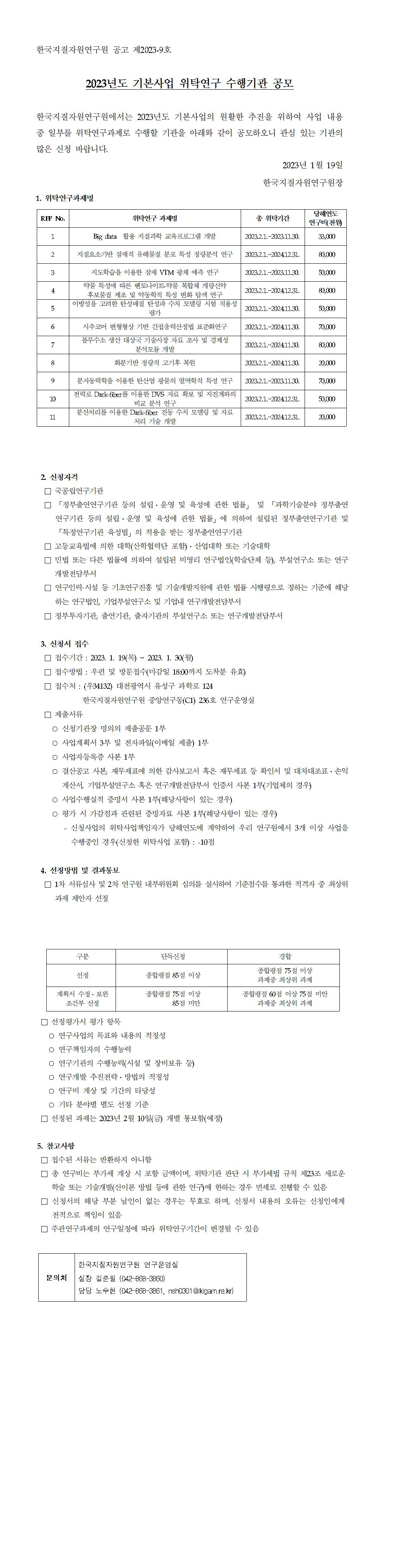 첨부파일(1. 2023년도 기본사업 위탁연구 수행기관 공모 공고문.pdf)을 참고 부탁드립니다. 본 첨부파일 내용과 동일함.