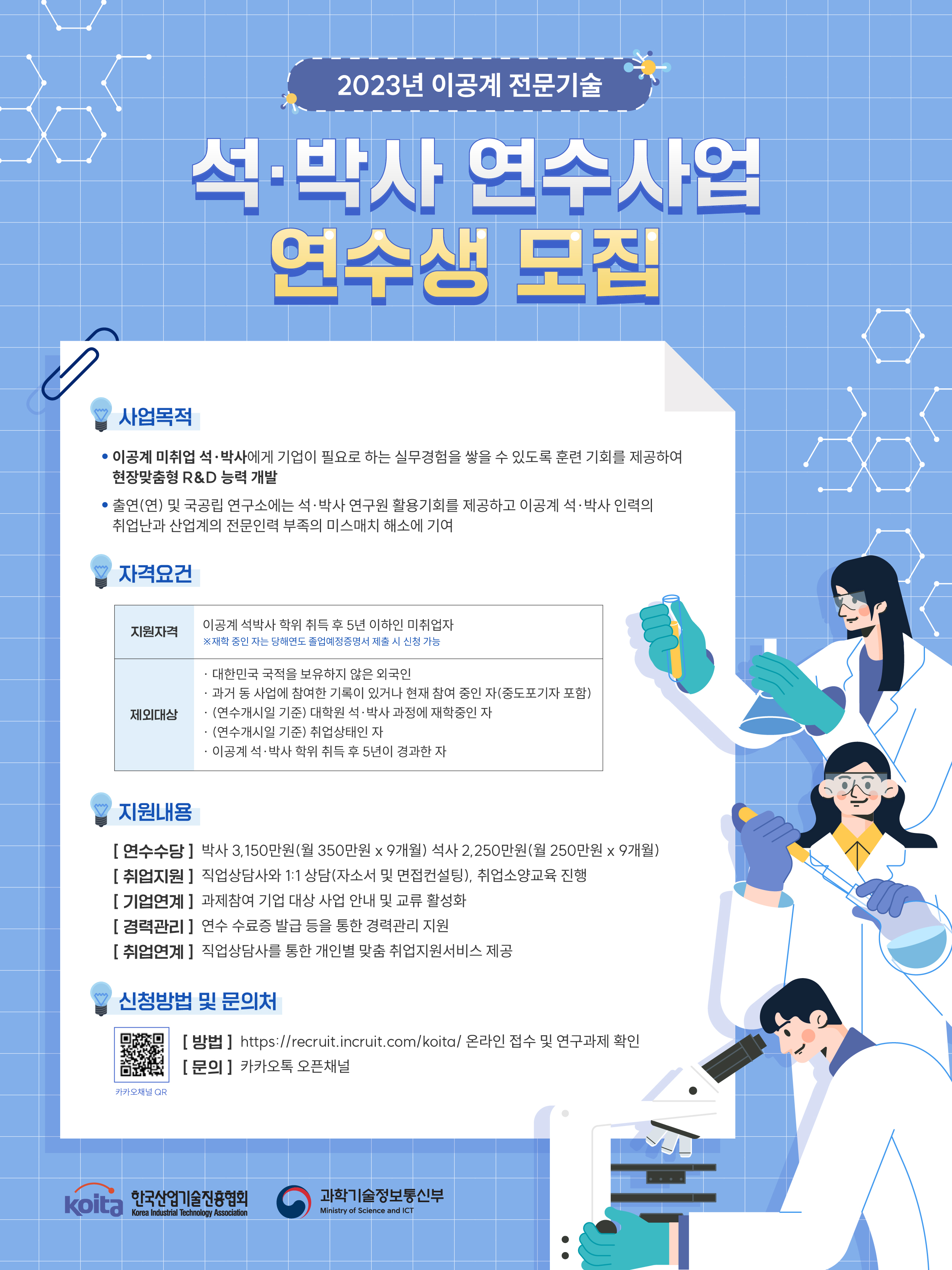 
  2023년 이공계 전문기술
  석·박사 연수사업
  연수생 모집
  사업목적
  • 이공계 미취업 석·박사에게 기업이 필요로 하는 실무경험을 쌓을 수 있도록 훈련 기회를 제공하여 현장맞춤형 R&D 능력 개발
  • 출연(연) 및 국공립 연구소에는 석·박사 연구원 활용기회를 제공하고 이공계 석·박사 인력의
  취업난과 산업계의 전문인력 부족의 미스매치 해소에 기여
  자격요건 
  지원자격 
  이공계 석박사 학위 취득 후 5년 이하인 미취업자 ※재학 중인 자는 당해연도 졸업예정증명서 제출 시 신청 가능 
  제외대상 
  대한민국 국적을 보유하지 않은 외국인
  ・과거 동 사업에 참여한 기록이 있거나 현재 참여 중인 자(중도포기자 포함)
  ・(연수개시일 기준) 대학원 석·박사 과정에 재학중인 자
  ・(연수개시일 기준) 취업상태인 자
  ・이공계 석·박사 학위 취득 후 5년이 경과한 자
  지원내용
  [연수수당]박사 3,150만원(월 350만원 x 9개월) 석사 2,250만원(월 250만원 x 9개월)
  [취업지원]직업상담사와 1:1 상담(자소서 및 면접컨설팅), 취업소양교육 진행
  [기업연계]과제참여 기업 대상 사업 안내 및 교류 활성화
  [경력관리]연수 수료증 발급 등을 통한 경력관리 지원
  [취업연계] 직업상담사를 통한 개인별 맞춤 취업지원서비스 제공
  신청방법 및 문의처
  카카오채널 QR
  [방법] https://recruit.incruit.com/koita/ 온라인 접수 및 연구과제 확인
  [문의]카카오톡 오픈채널
  koita 한국산업기술진흥협회
  Korea Industrial Technology Association
  과학기술정보통신부
  Ministry of Science and ICT
  