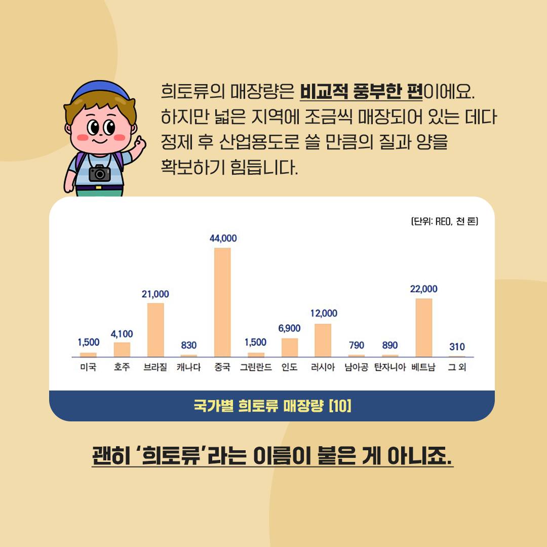 희토류의 매장량은 비교적 풍부한 편이에요. 하지만 넓은 지역에 조금씩 매장되어 있는 데다 정제 후 산업용도로 쓸 만큼의 질과 양을 확보하기 힘듭니다. 괜히 '희토류'라는 이름이 붙은 게 아니죠.