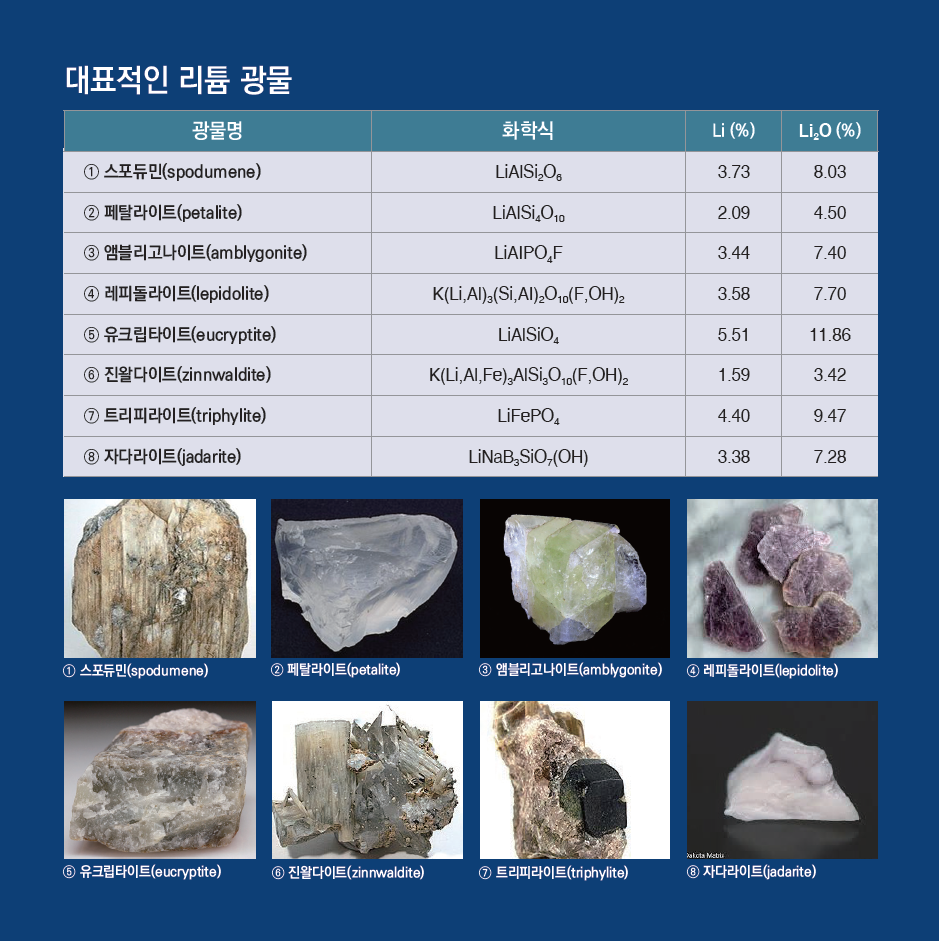 대표적인 리튬 광물
광물명	화학식	Li (%)	Li₂O (%)
① 스포듐틴 (Spodumene)	LiAlSi₂O₆	3.73	8.03
② 페탈라이트 (Petalite)	LiAlSi₄O₁₀	2.09	4.50
③ 앰블리고나이트 (Amblygonite)	LiAlPO₄F	3.44	7.40
④ 레피돌라이트 (Lepidolite)	K(Li,Al)₃(Si,Al)₄O₁₀(F,OH)₂	3.58	7.70
⑤ 유크립타이트 (Eucryptite)	LiAlSiO₄	5.51	11.86
⑥ 진왈다이트 (Zinnwaldite)	K(Li,Al,Fe)₃AlSi₃O₁₀(F,OH)₂	1.59	3.42
⑦ 트리필라이트 (Triphylite)	LiFePO₄	4.40	9.47
⑧ 자다라이트 (Jadarite)	LiNaB₃SiO₇(OH)	3.38	7.28
이미지 설명
① 스포듐틴 (Spodumene)
② 페탈라이트 (Petalite)
③ 앰블리고나이트 (Amblygonite)
④ 레피돌라이트 (Lepidolite)
⑤ 유크립타이트 (Eucryptite)
⑥ 진왈다이트 (Zinnwaldite)
⑦ 트리필라이트 (Triphylite)
⑧ 자다라이트 (Jadarite)
