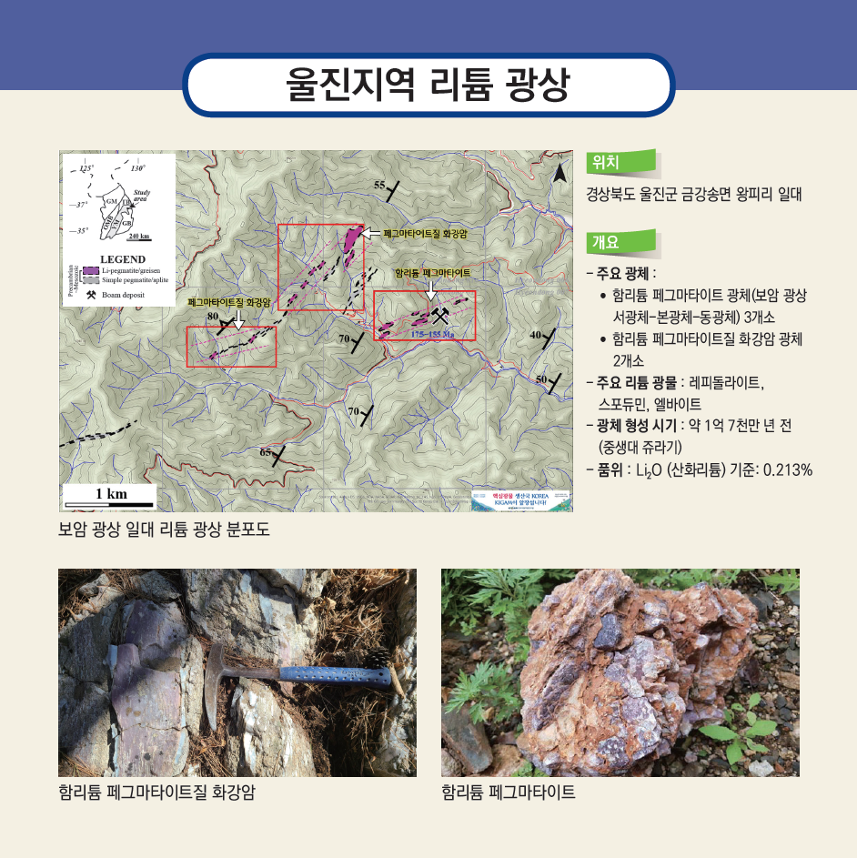 울진지역 리튬 광상
위치
경상북도 울진군 금강송면 왕피리 일대
개요
주요 광체:

함리튬 페그마타이트 광체 (보암 광상 서편체-본광체-동편체) 3개소
함리튬 페그마타이트질 화강암 광체 2개소
주요 리튬 광물:

레피돌라이트 (Lepidolite)
스포듐 (Spodumene)
앰블리고나이트 (Amblygonite)
광체 형성 시기:

약 1억 7천만 년 전 (중생대 쥐라기)
품위:
Li₂O (산화리튬) 기준: 0.213%
보암 광상 일대 리튬 광상 분포도
지도는 울진군 왕피리 일대 리튬 광상의 세부 위치와 구조를 보여줌.
주요 리튬 광체의 분포와 지질 구조선이 명확히 표시됨(페그마타이트질 화강암, 함리륨 페그마타이트)
함리튬 페그마타이트질 화강암
함리튬 페그마타이트
